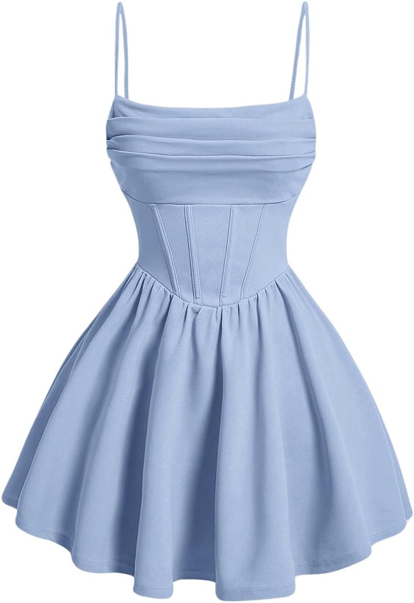 women Ruched Corset Dress Spaghetti Strap Fit and Flare Flowy Skater Mini Cami Dress
