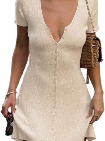 Women Sexy V Neck Button Down Knitted Short Dress Slim Fit Cap Sleeve Flowy Swing Going Out Mini Dress Summer