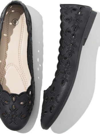 Women's Comfortable Dress Shoes Ballet Flats Slip On Shoes Black Flats Round Toe PU Leather Flats Summer with Floral Eyelets