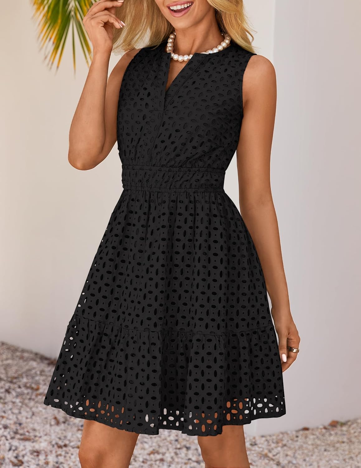 women Summer Sleeveless Mini Dress V Neck Hollow Out Eyelet High Waist A Line Swing Short Party Dresses