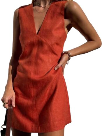 women Summer Cotton Linen V Neck Short Dress Sleeveless Mini Dress Casual A Line Tank Sundress