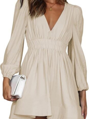 Mini Deep V Sexy Long Sleeve Dress for Women A-line High Waisted Casual Flowy Dress for Cocktail Wedding Guest