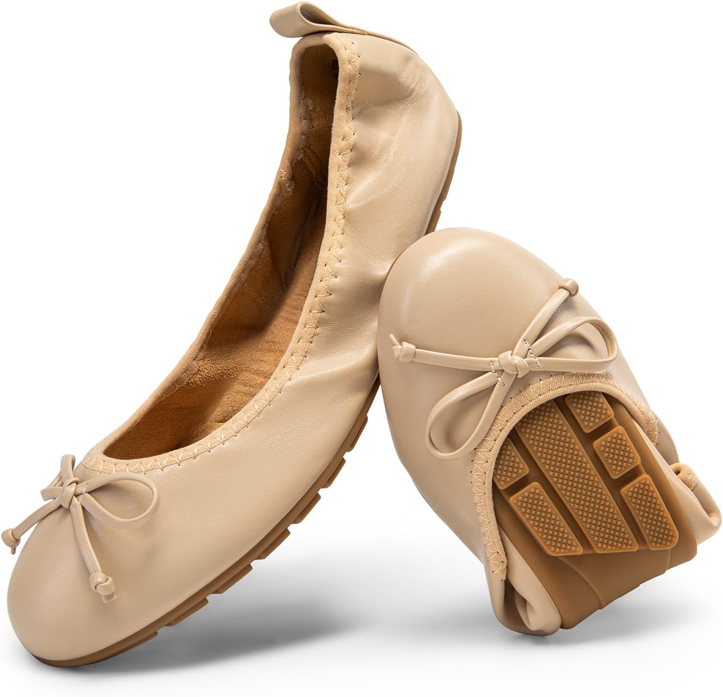 Women's Flats, Foldable Ballet Flats for Women, Bowknot Round Toe Comfort Light Weight Slip-On Dress Shoes
