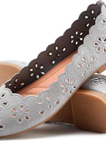 Women's Ballet Flats Black PU Leather Dress Shoes Comfortable Round Toe Slip on Flats with Breathable Eyelets