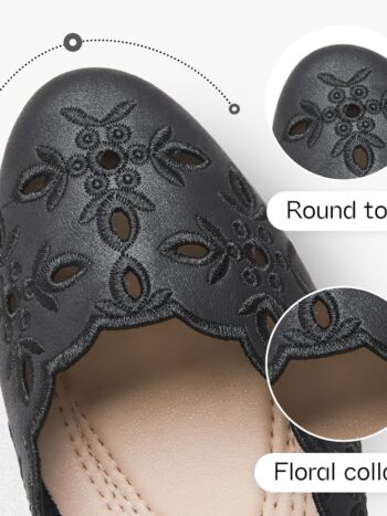 Women's Comfortable Dress Shoes Ballet Flats Slip On Shoes Black Flats Round Toe PU Leather Flats Summer with Floral Eyelets