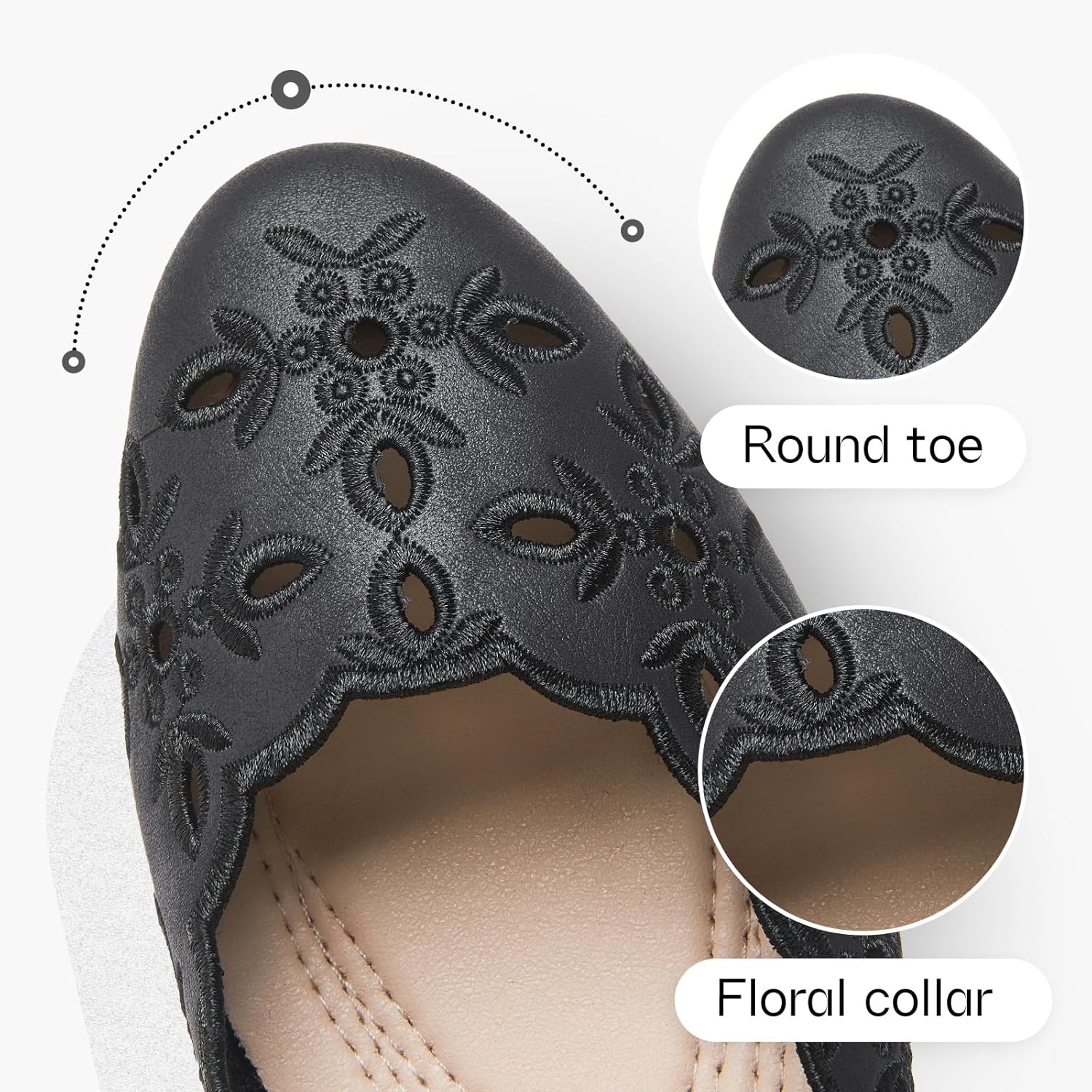 Women's Comfortable Dress Shoes Ballet Flats Slip On Shoes Black Flats Round Toe PU Leather Flats Summer with Floral Eyelets