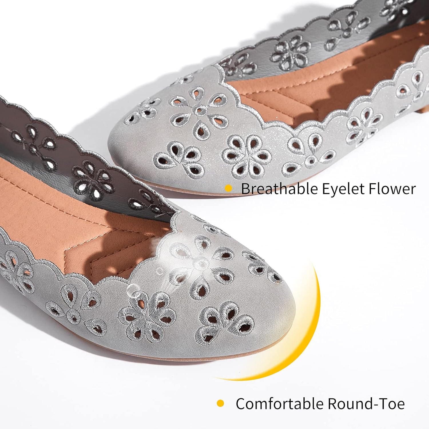Women's Ballet Flats Black PU Leather Dress Shoes Comfortable Round Toe Slip on Flats with Breathable Eyelets